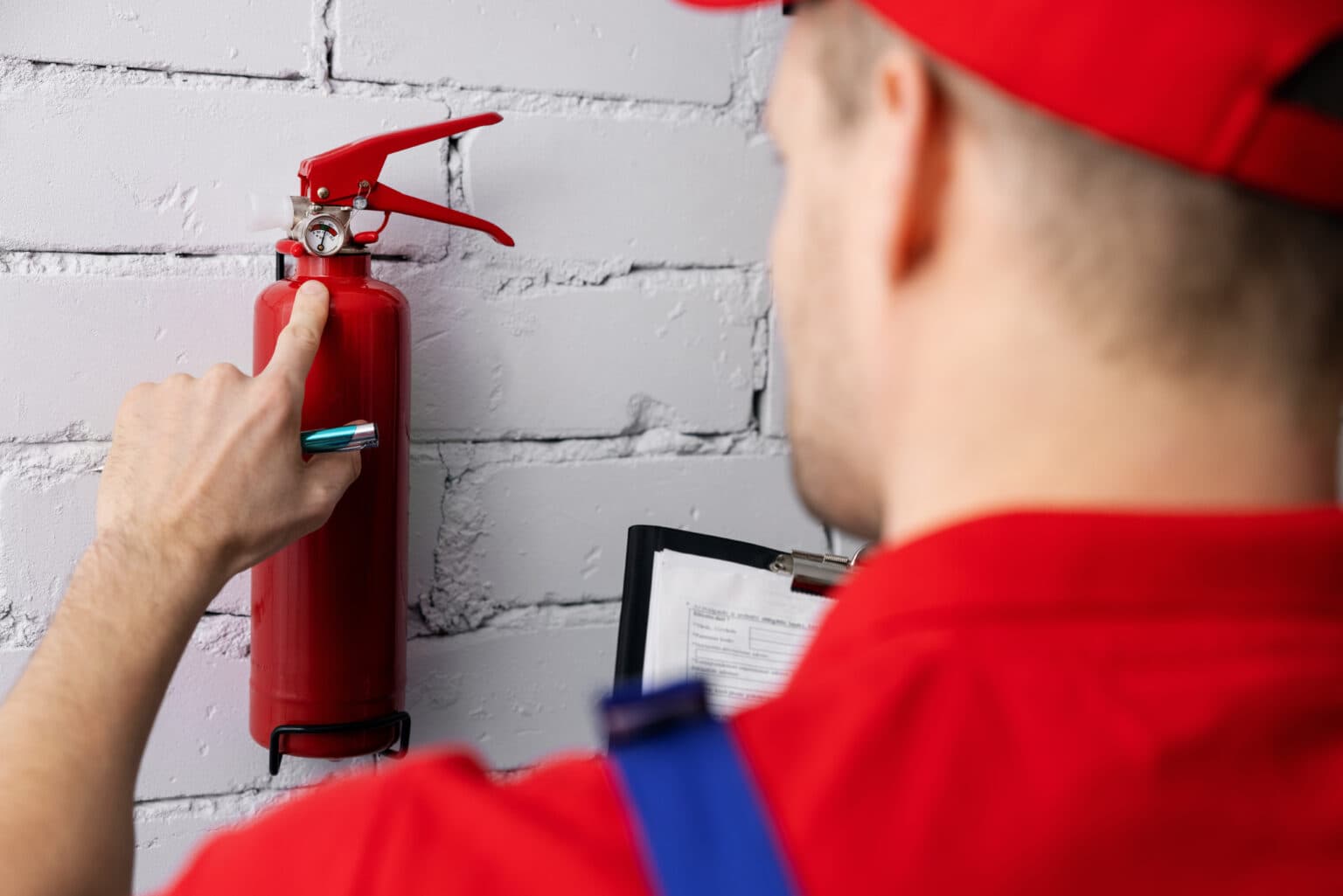 Fire protection technician inspecting a wall-mounted fire extinguisher