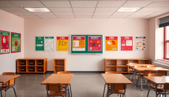 Classroom wall displaying fire safety posters