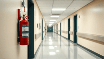 Healthcare facility corridor with a wall-mounted fire extinguisher