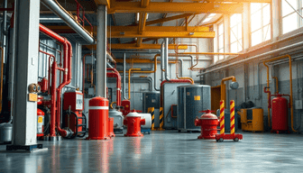 Industrial mechanical room with fire suppression piping and equipment