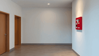 Apartment building hallway with a wall-mounted fire alarm cabinet