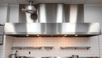 Commercial kitchen exhaust hood over a stainless steel cookline