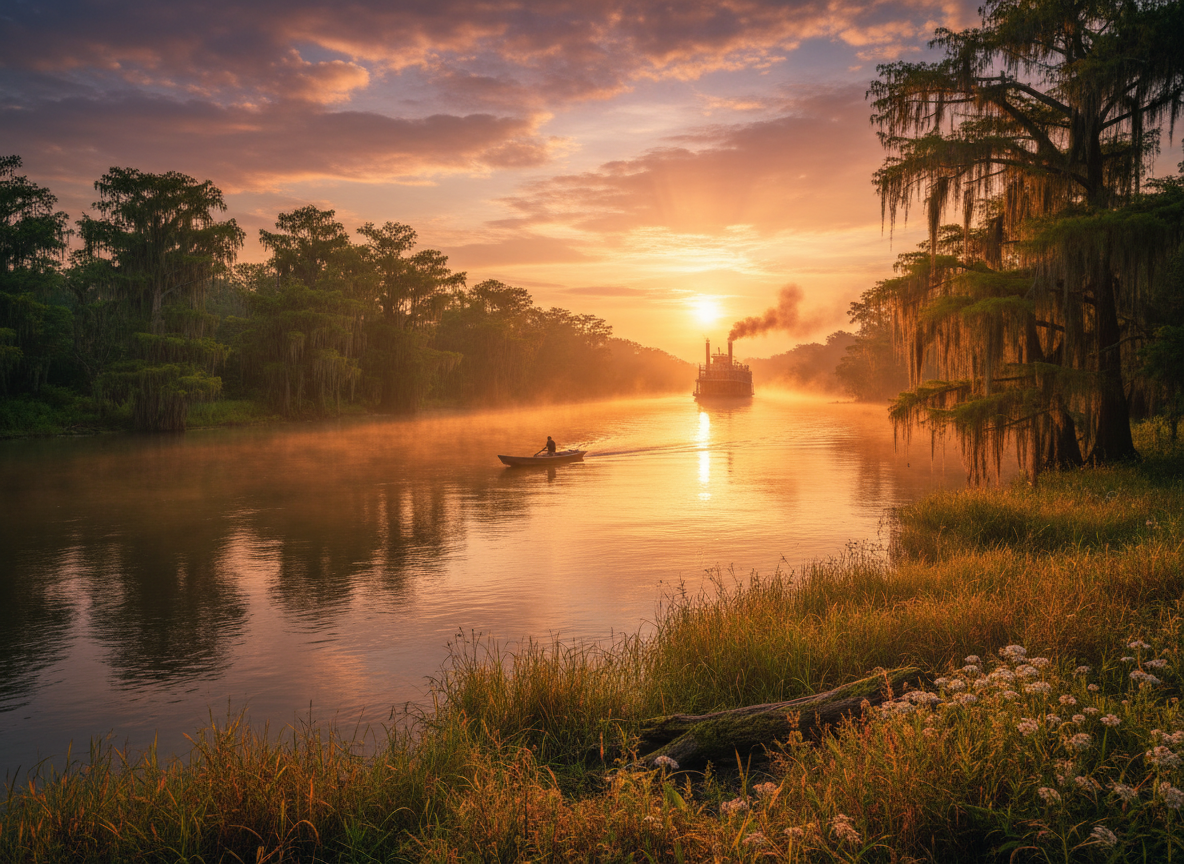 Mississippi, golden hour photograph. cinematic camera angle 255025